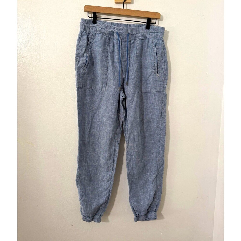 Athleta Retreat Linen Jogger Pants Blue Sz 10 Chambray Blue Drawstring Pockets